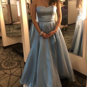 glittery blue strapless cinderella prom dress